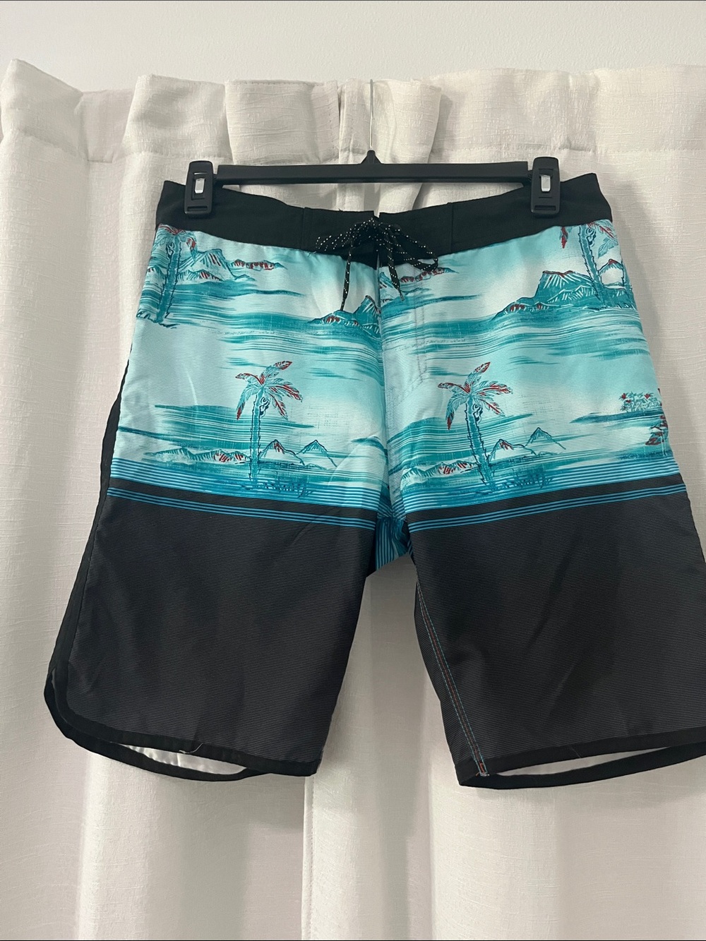 burnside Black & Teal Palm-Print Swim Shorts Men’s 32